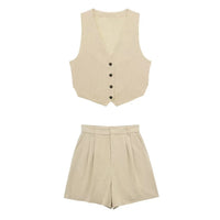 Women V Neck Button Crop Vest Top & Short Set