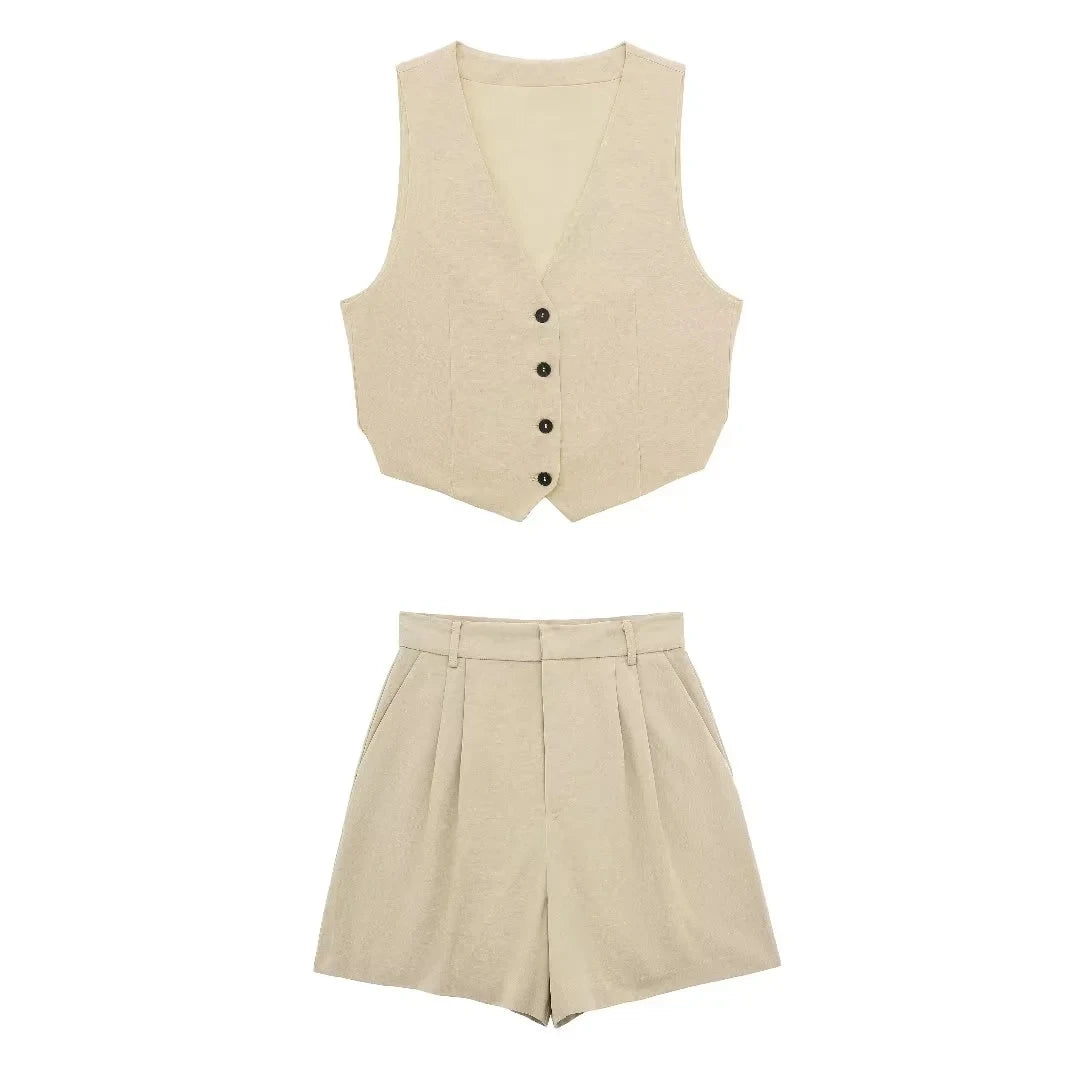 Women V Neck Button Crop Vest Top & Short Set