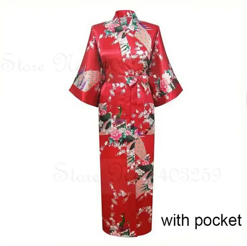 Women Long Robe Peacock Satin Print Nightgown