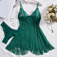Deep V Lace Thong Ruffle Bra & Pajama Set
