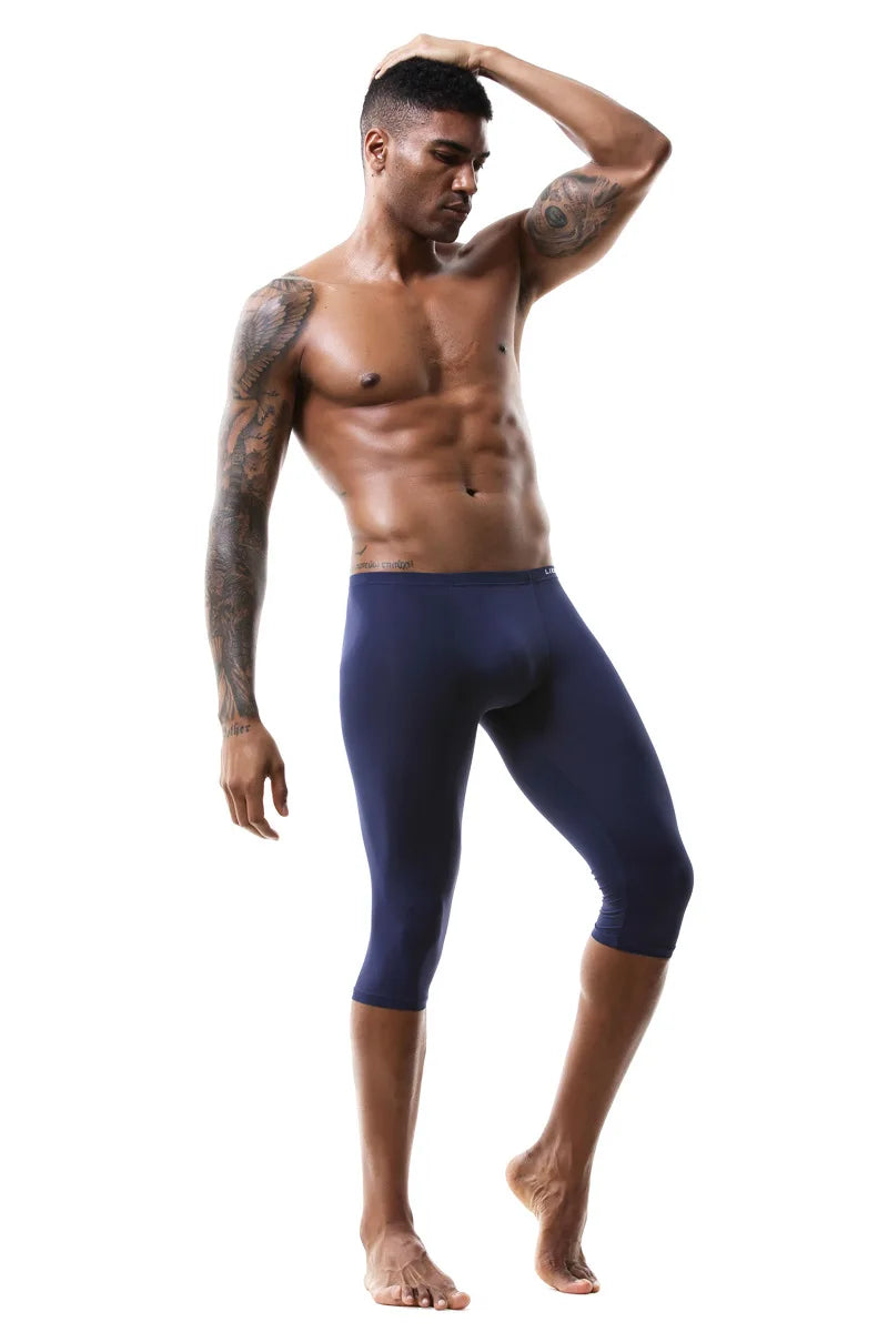 Men's Ice Silk Long Leg Trunk Sexy U Conevx Pouch Boxy Underwear Sports Fitness Running Shorts Pants Extended Knee Length Boxers