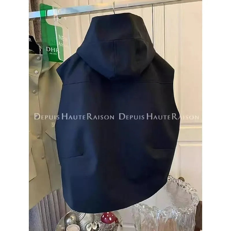 Double Pocket Casual Versatile Work Sleeveless Hooded Vest