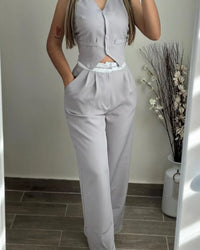Summer Sexy Elegant V-Neck Buttoned Vest Top & Pants