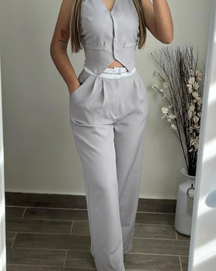 Summer Sexy Elegant V-Neck Buttoned Vest Top & Pants