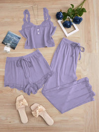 3 Pcs Solid Vest Lace Splicing Pajama Sets