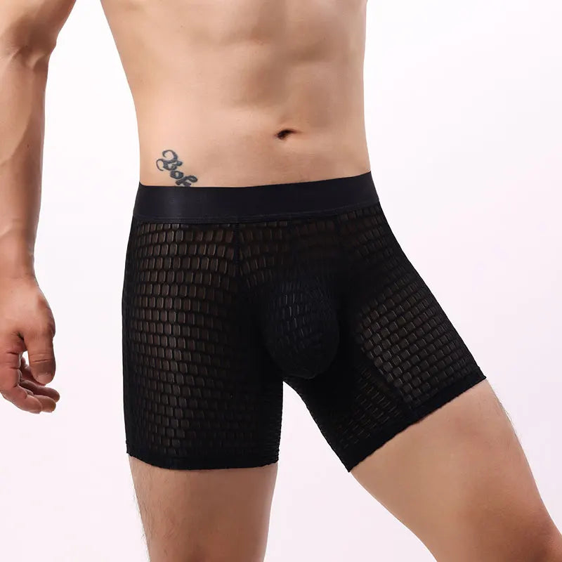 Fashion Ice Silk Underwear Long Leg Boxer Shorts For Man EUR Size Summer Thin Quick Dry Panties Lace Sexy Lengthen Underpants