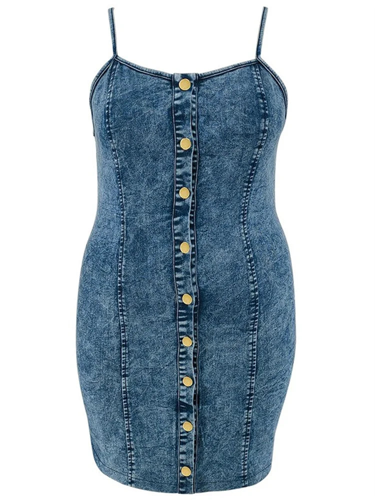 Plus Size Sleeveless Button Midi Denim Dress