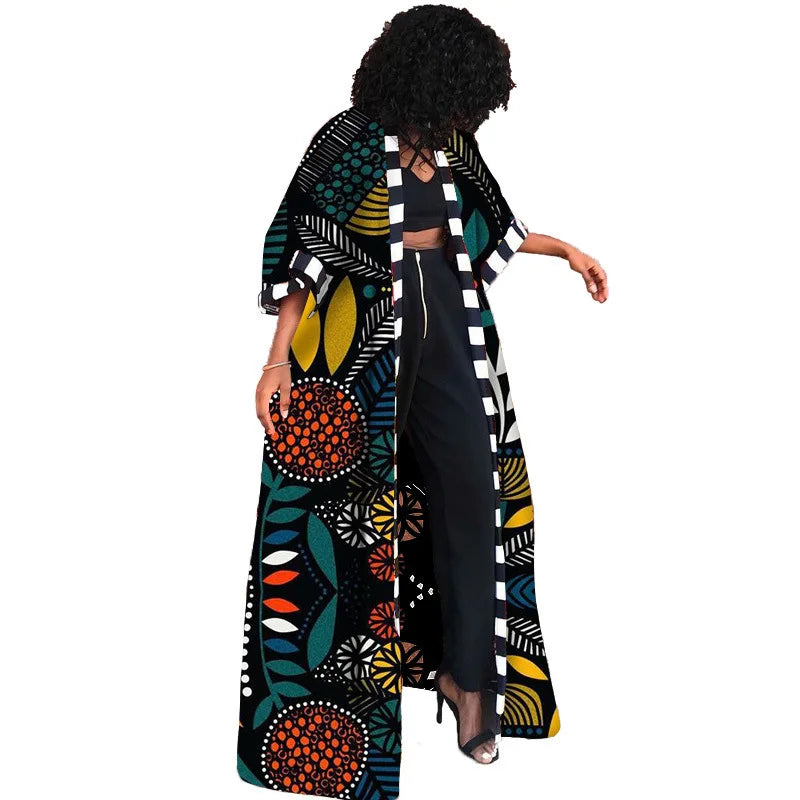 African Ethnic Print Loose Long Trench Coat Streetwear