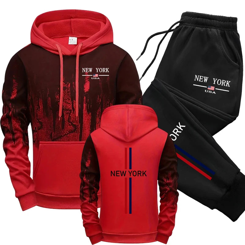 Fashion Mens Tracksuit Printing Splash-ink Hooded Sweatshirts Sports Jogging Mens Clothing Street Casual Single Piece Tops Pants