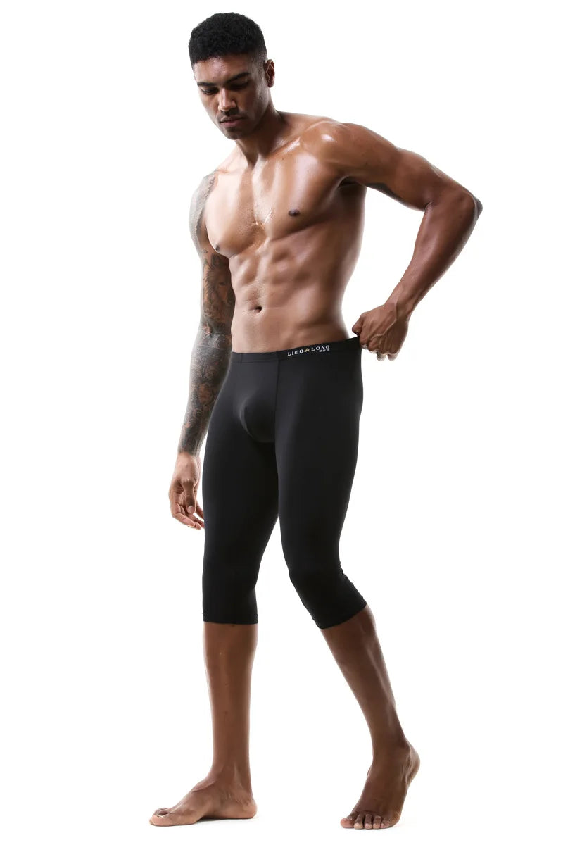 Men's Ice Silk Long Leg Trunk Sexy U Conevx Pouch Boxy Underwear Sports Fitness Running Shorts Pants Extended Knee Length Boxers