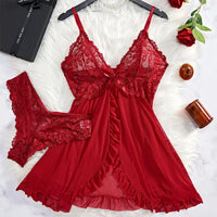 Deep V Lace Thong Ruffle Bra & Pajama Set