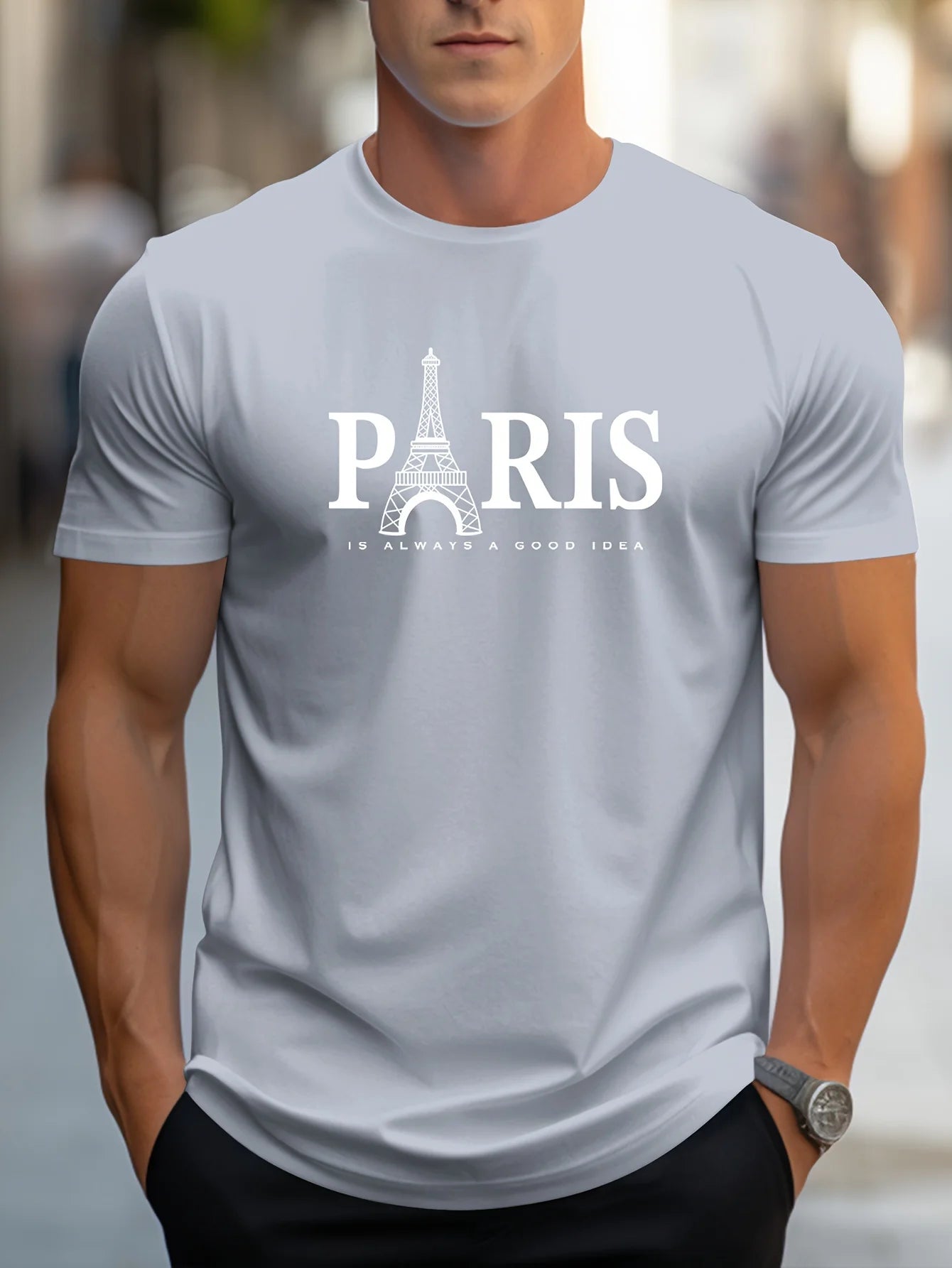 Short Sleeve Paris Pattern Print Casual O-Neck T-Shirt