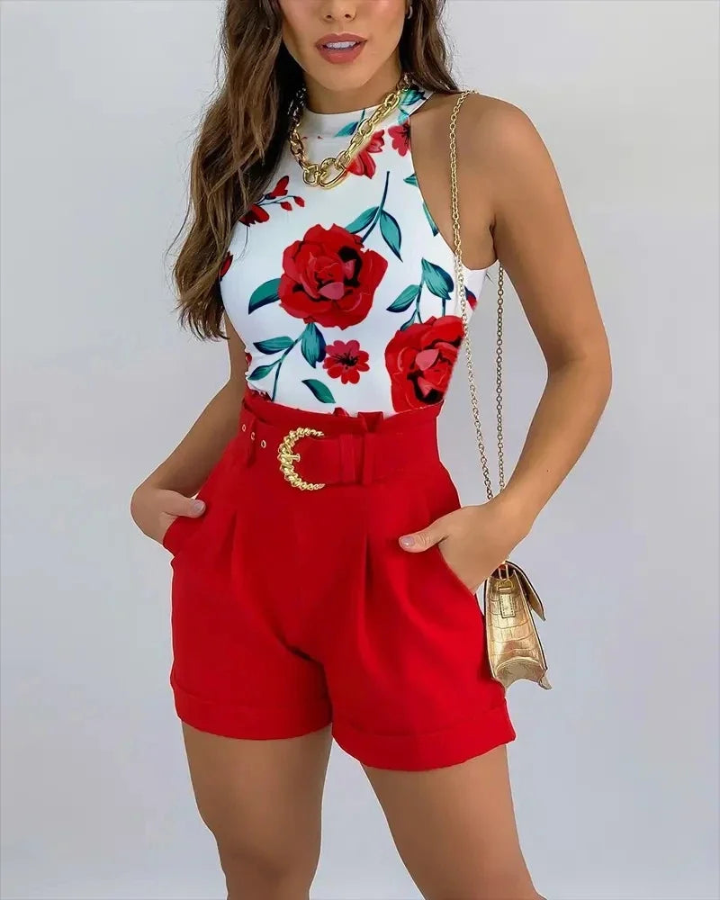 Sleeveless Halter Neck Floral Print Two-Piece Set