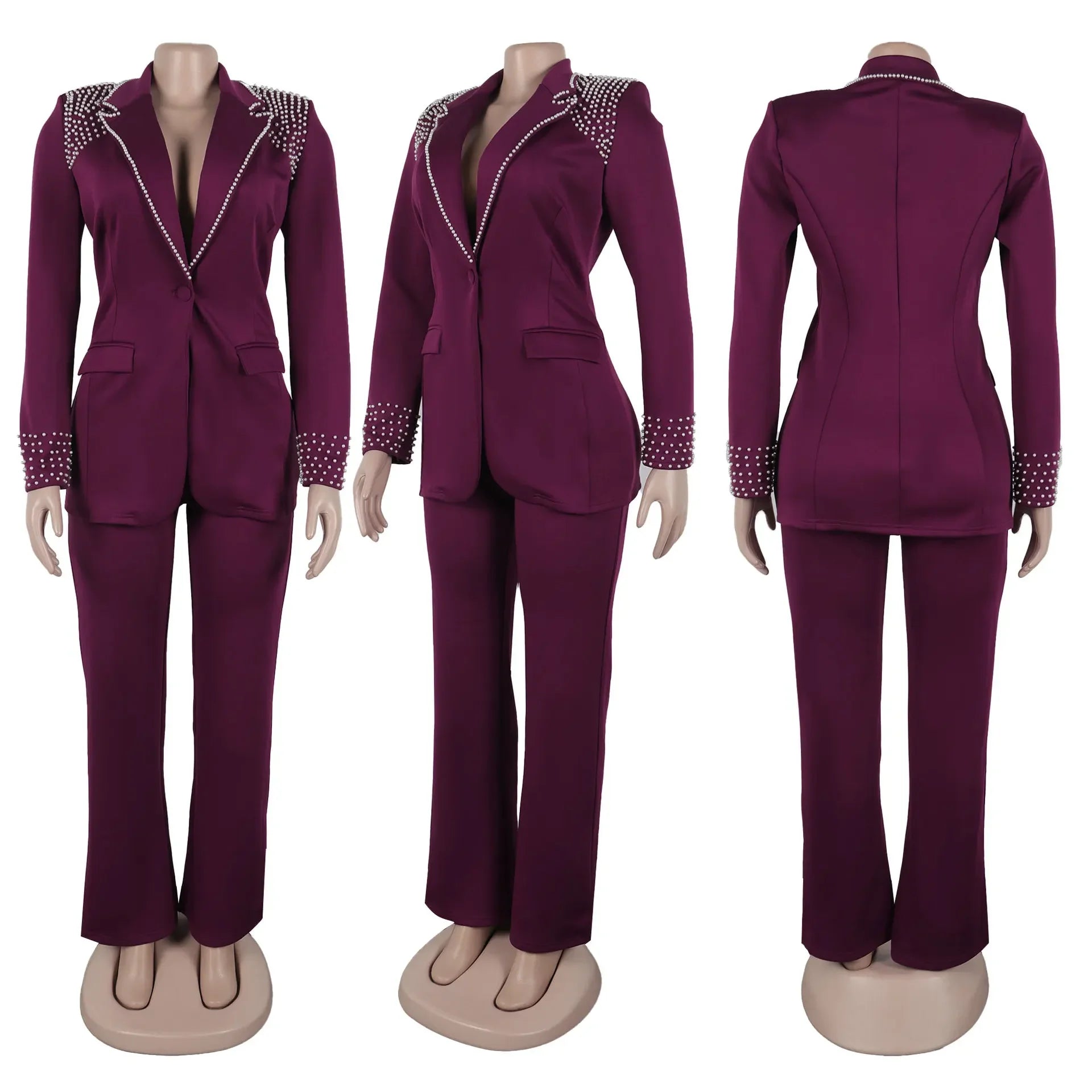 Women's Pearl Splicing Blazer and Wide Pants Set