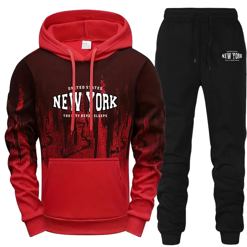 Autumn Winter Mens Tracksuit Casual Printing Splash-ink Hooded Sweatshirts Daily Sports Jogging Clothing Single Piece Tops Pants