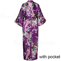Women Long Robe Peacock Satin Print Nightgown