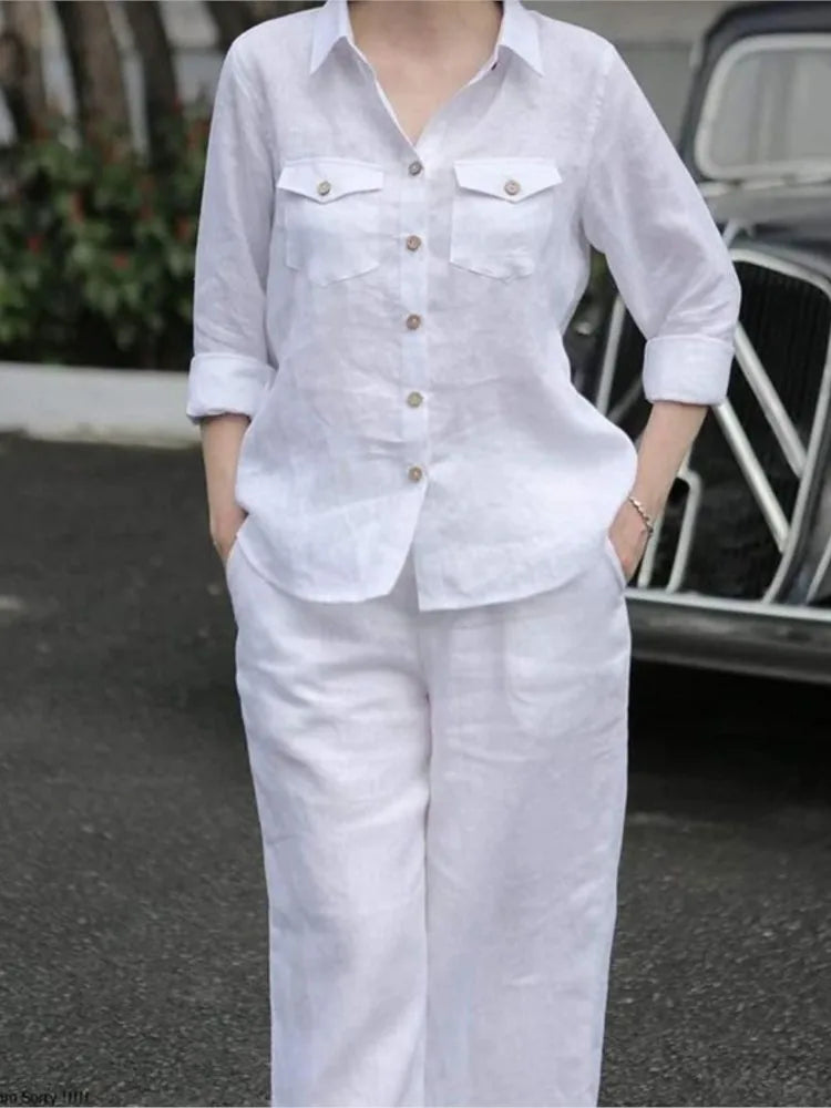 Women Elegant Lapel Neck Long Sleeve Pants Sets