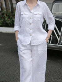 Women Elegant Lapel Neck Long Sleeve Pants Sets