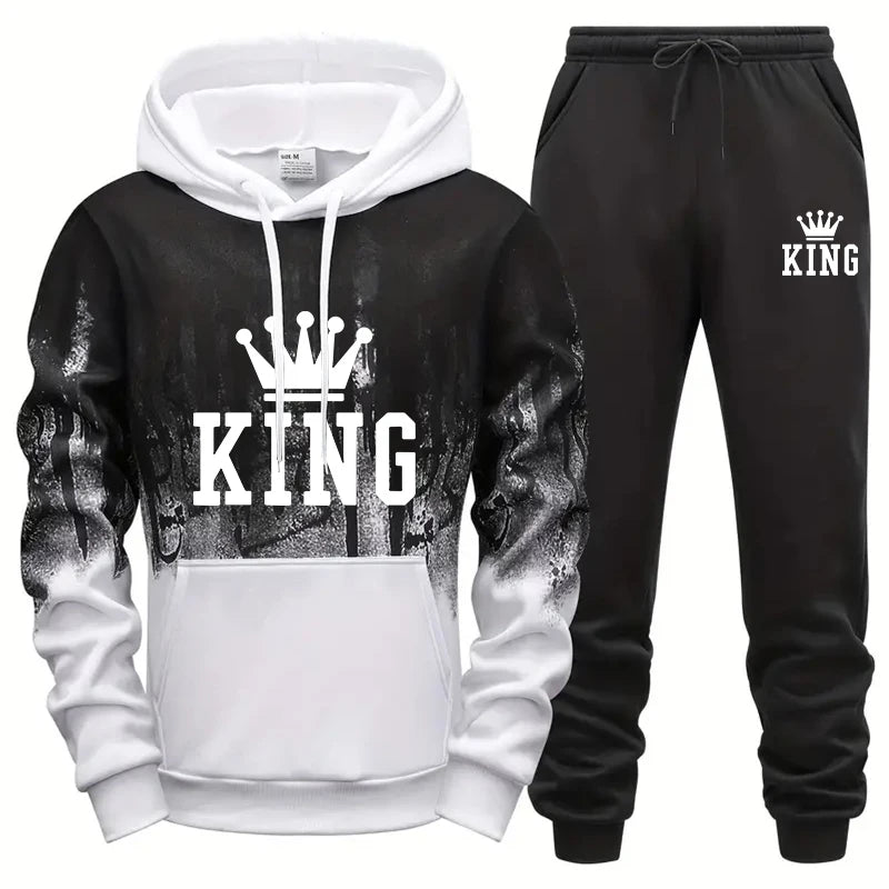 King Printing Mens Tracksuit Splash-ink Hooded Sweatshirts Casual Sports Jogging Mens Clothing Fashion Single Piece Tops Pants