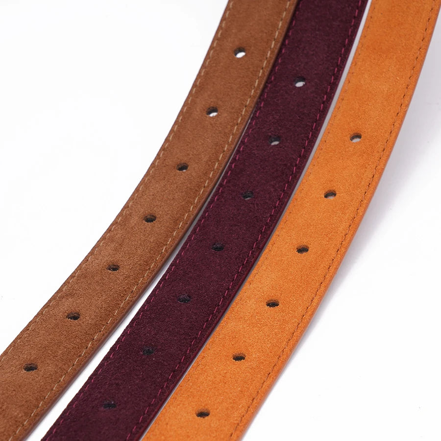 Fashion Women Belt Suede Genuine Leather Skinny Waistband Gold Buckle Wine Red Belts for Jeans Pants Casual