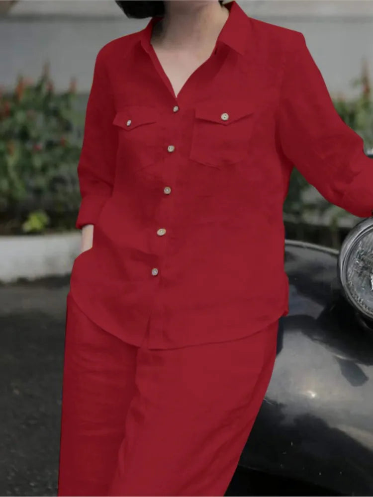 Women Elegant Lapel Neck Long Sleeve Pants Sets