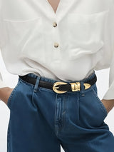 Women's Slim Fit PU Belt, Fine Waistband, Denim Pants, Formal Pants, Fashionable Black Belt with Gold Buckle
