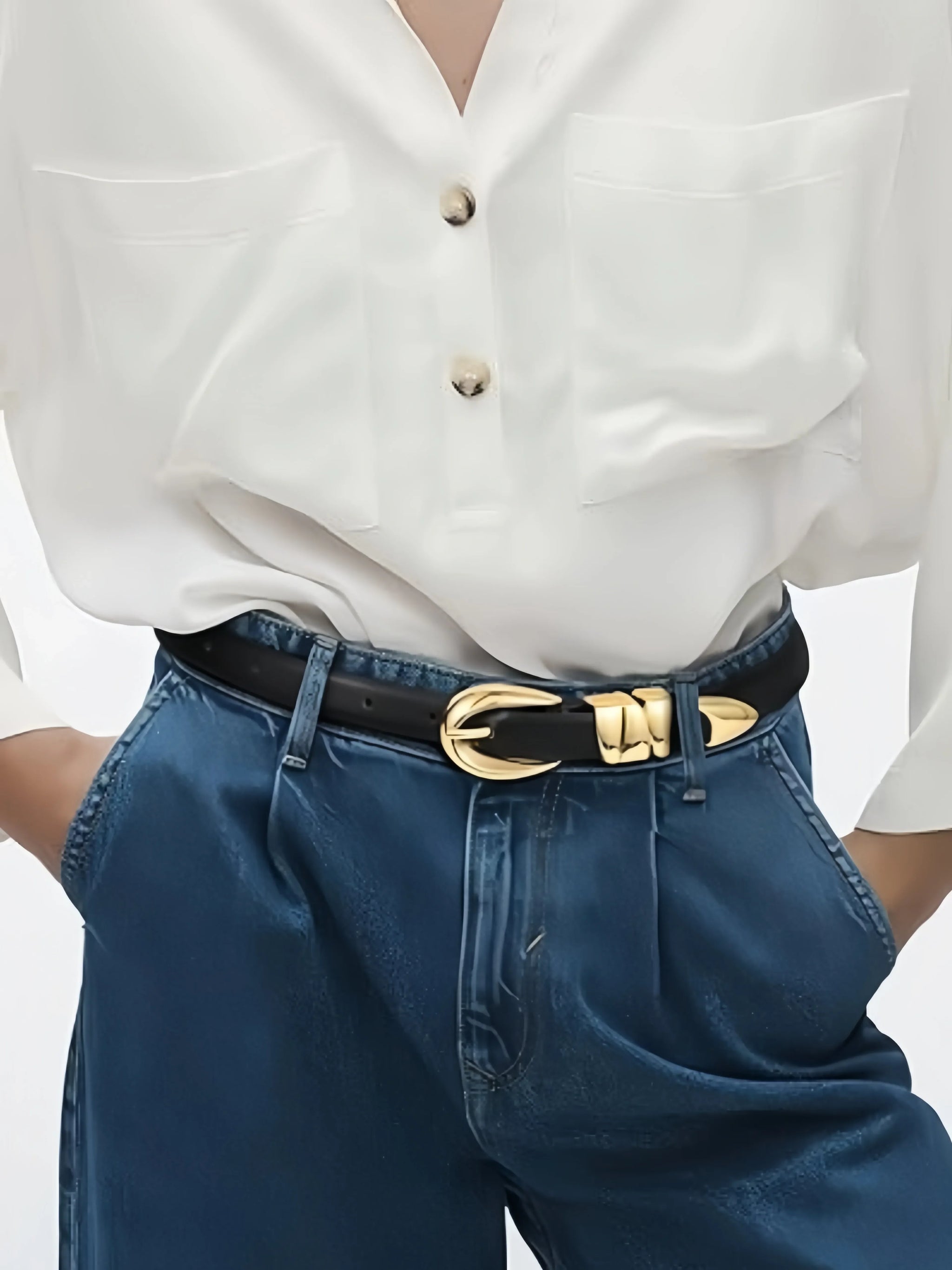 Women's Slim Fit PU Belt, Fine Waistband, Denim Pants, Formal Pants, Fashionable Black Belt with Gold Buckle