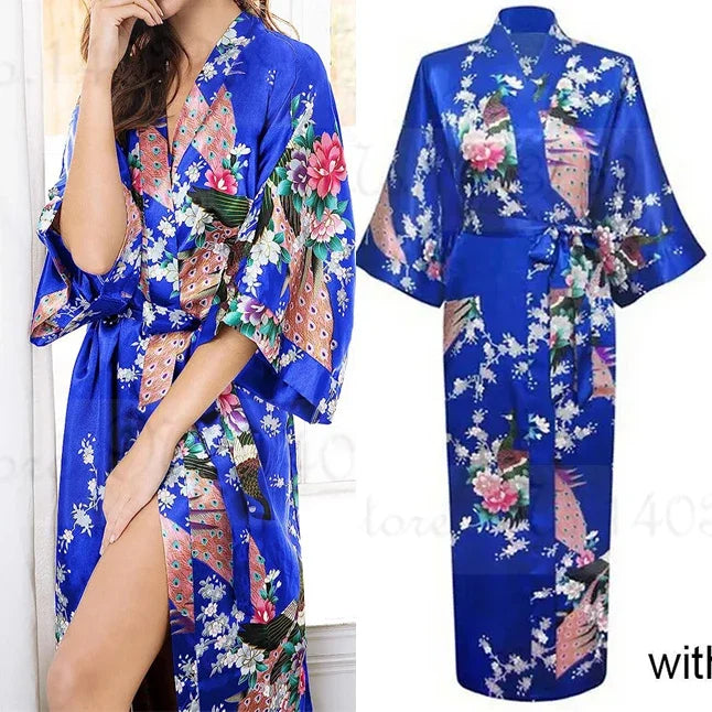 Women Long Robe Peacock Satin Print Nightgown