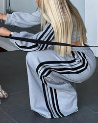 Casual Zipper Striped Long Sleeve Top & Pocket Trousers