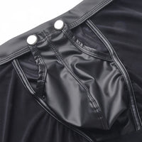 Fitness Long Men Boxer Underwear Mesh Faux Leather Men's Boxershorts Panties Long Leg Trunks Sexy Pouch Opened Button Underpants
