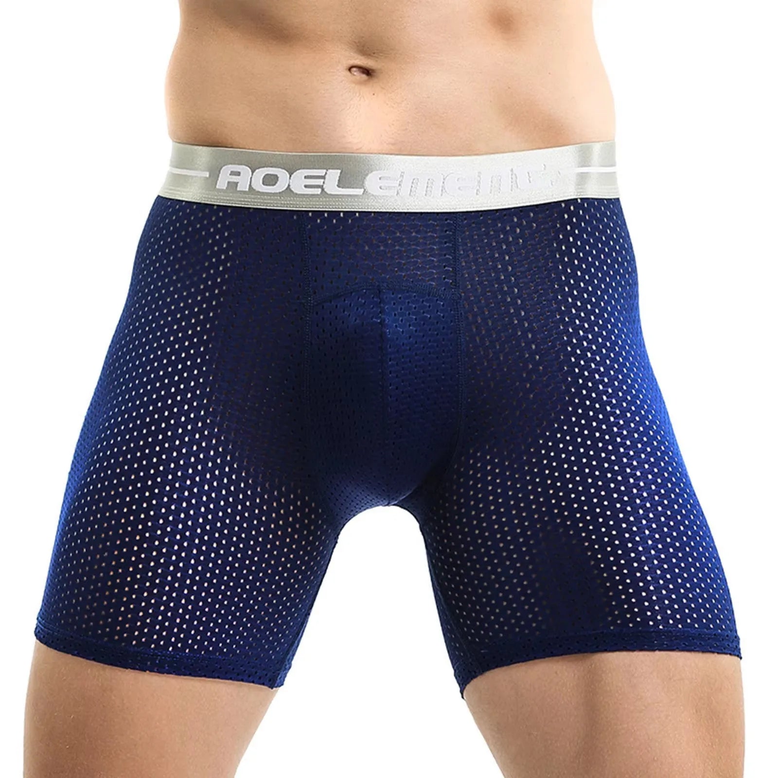 Men's Boxers Shorts Ice Silk Mesh Underwear Cueca Breathable U Convex Pouch Panties Man Middle Long Leg Underpants Large Size