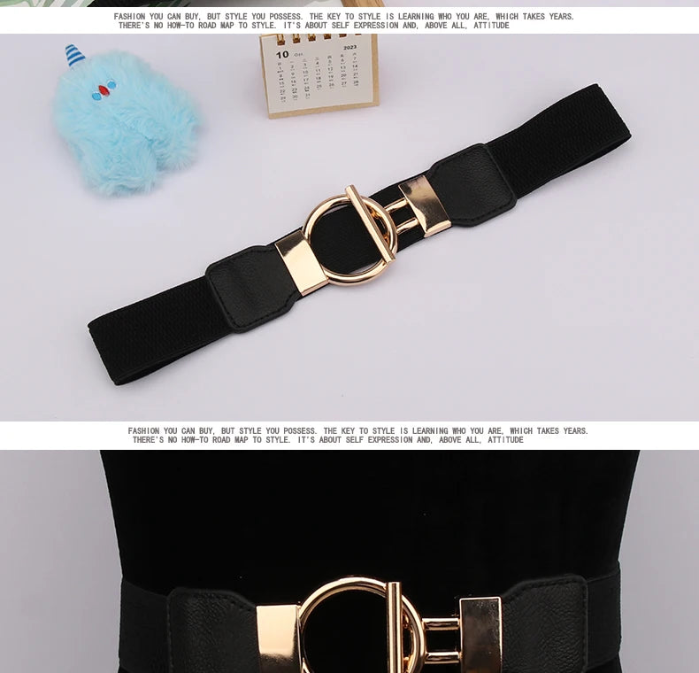 Women's Fashion Round Buckle Belt, Simple 4cm Wide Elastic Waistband, Decorative Temperament Waist Cincher
