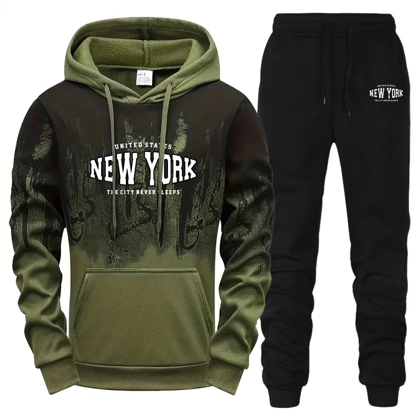 Autumn Winter Mens Tracksuit Casual Printing Splash-ink Hooded Sweatshirts Daily Sports Jogging Clothing Single Piece Tops Pants