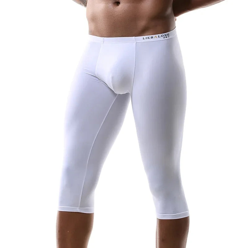 Men's Ice Silk Long Leg Trunk Sexy U Conevx Pouch Boxy Underwear Sports Fitness Running Shorts Pants Extended Knee Length Boxers