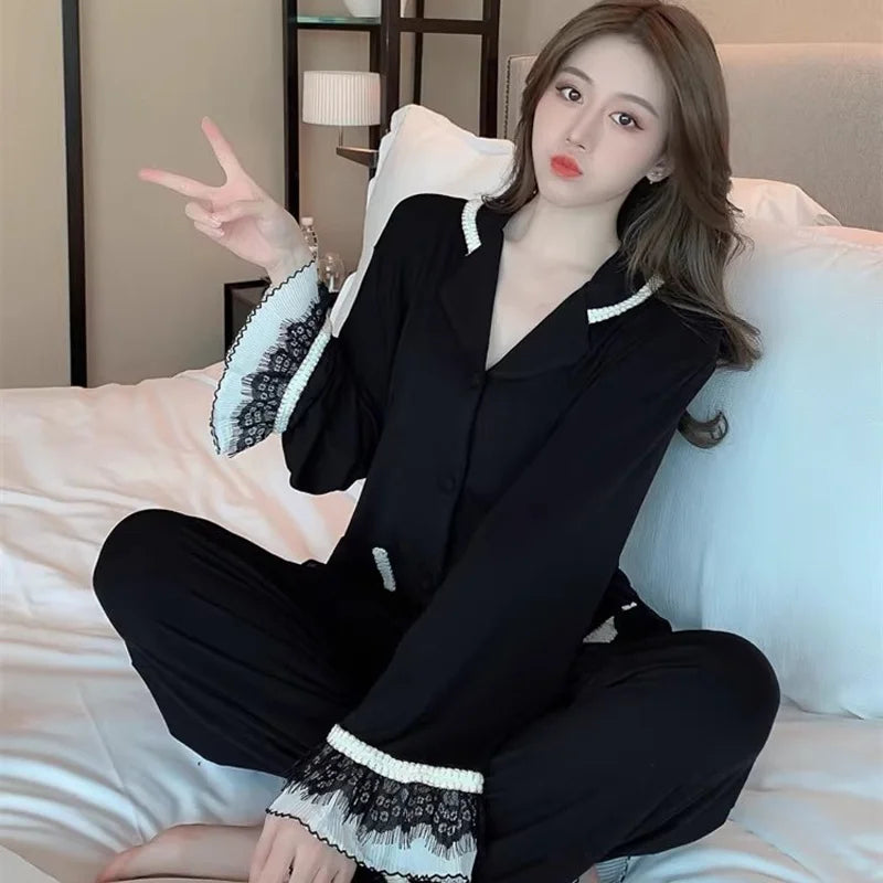 Long-Sleeved Sexy Lace Pajamas Trousers Set