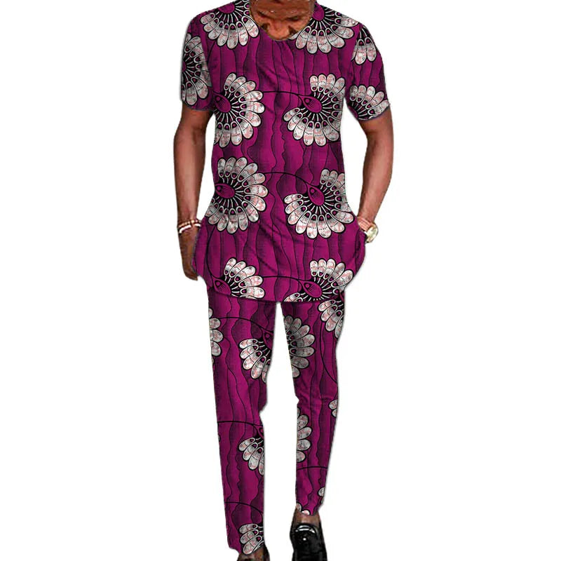 African Tribal Culture Men's Outfits Short Sleeve Set Shirts Patch Trousers African Print Male Pant Suits Party Wear Customized