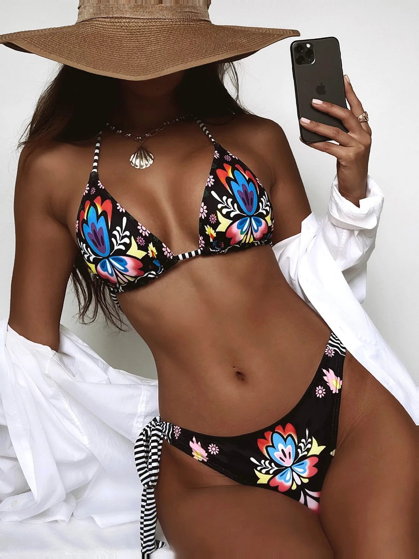 Woman Floral Print Triangle Swimwear