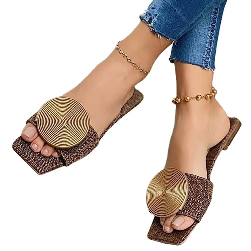 Woman Summer Buckle Solid Flats Sandals