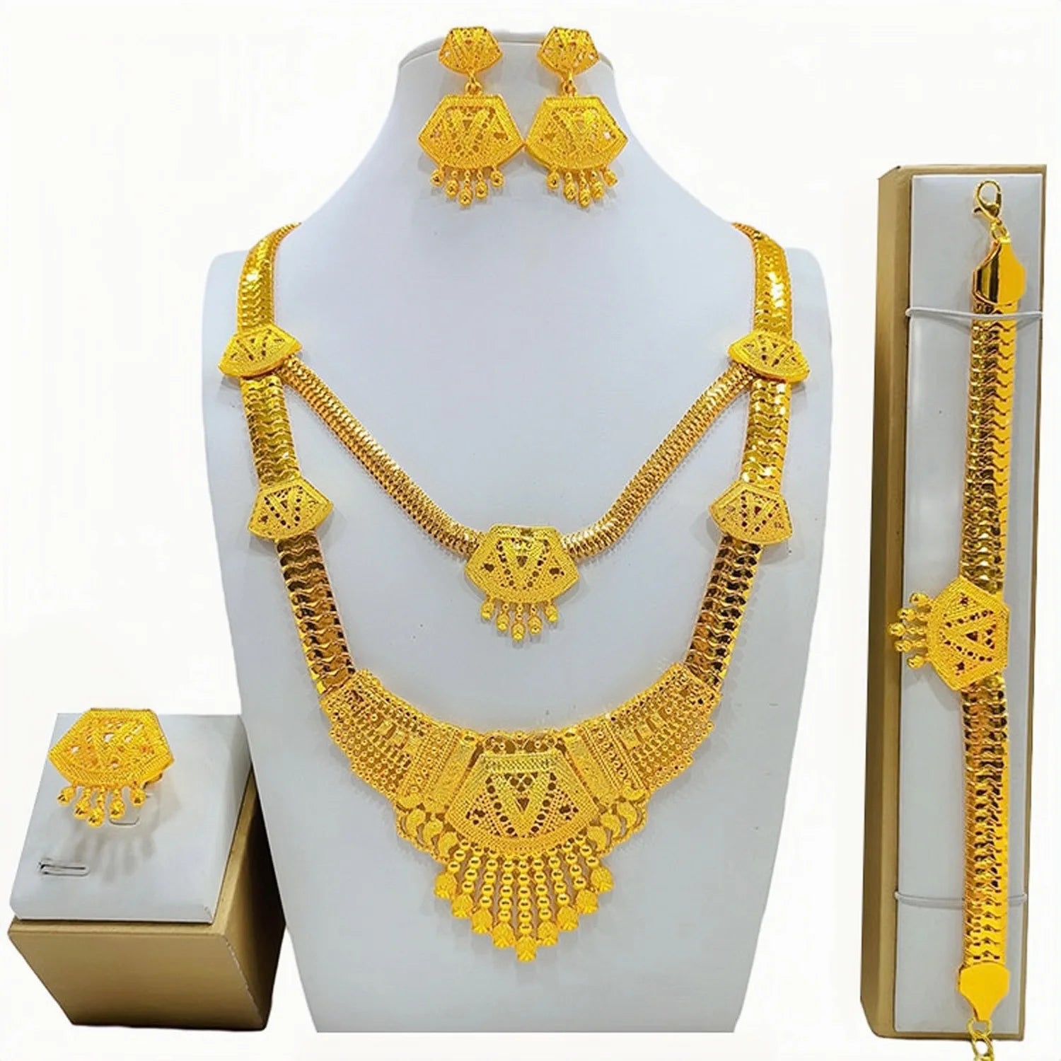 24K real gold  9999 yellow gold Jewelry suit Long Necklace suit Bracelet