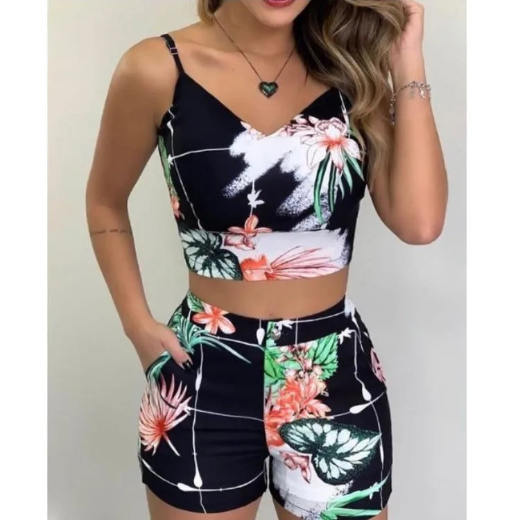 Casual Floral Print Top & Pants Set With Belt