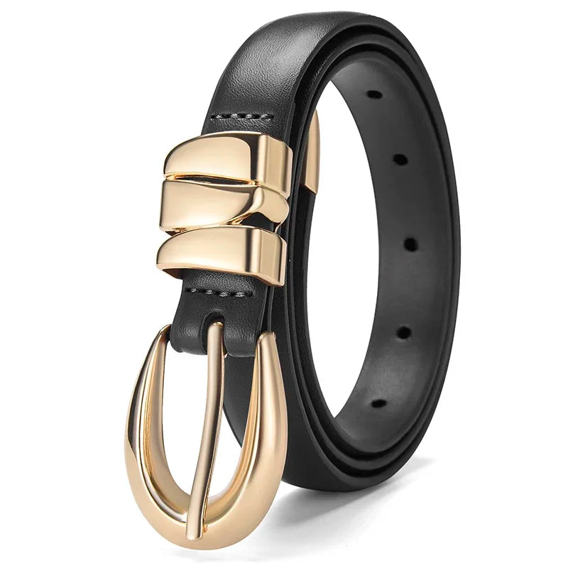 Women's Slim Fit PU Belt, Fine Waistband, Denim Pants, Formal Pants, Fashionable Black Belt with Gold Buckle