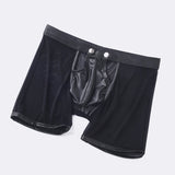 Fitness Long Men Boxer Underwear Mesh Faux Leather Men's Boxershorts Panties Long Leg Trunks Sexy Pouch Opened Button Underpants