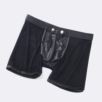 Fitness Long Men Boxer Underwear Mesh Faux Leather Men's Boxershorts Panties Long Leg Trunks Sexy Pouch Opened Button Underpants