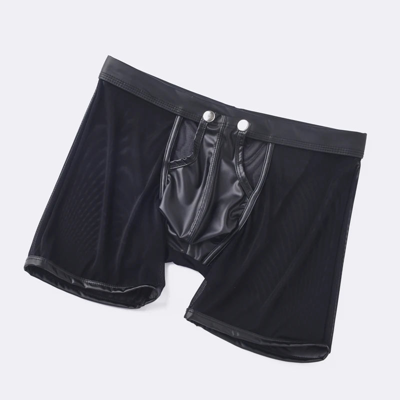 Fitness Long Men Boxer Underwear Mesh Faux Leather Men's Boxershorts Panties Long Leg Trunks Sexy Pouch Opened Button Underpants