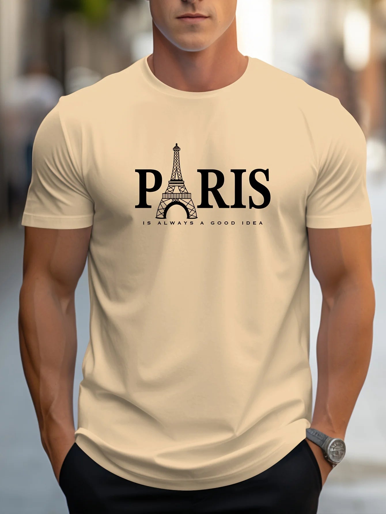 Short Sleeve Paris Pattern Print Casual O-Neck T-Shirt
