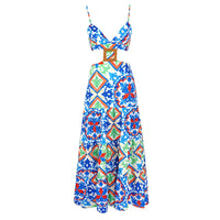 Elegant Printed Drawstring Halterneck Long Dress