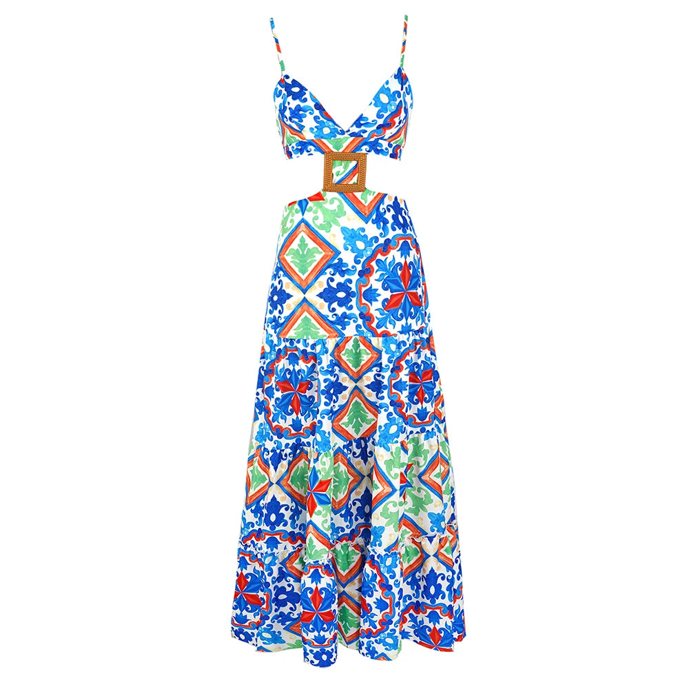 Elegant Printed Drawstring Halterneck Long Dress
