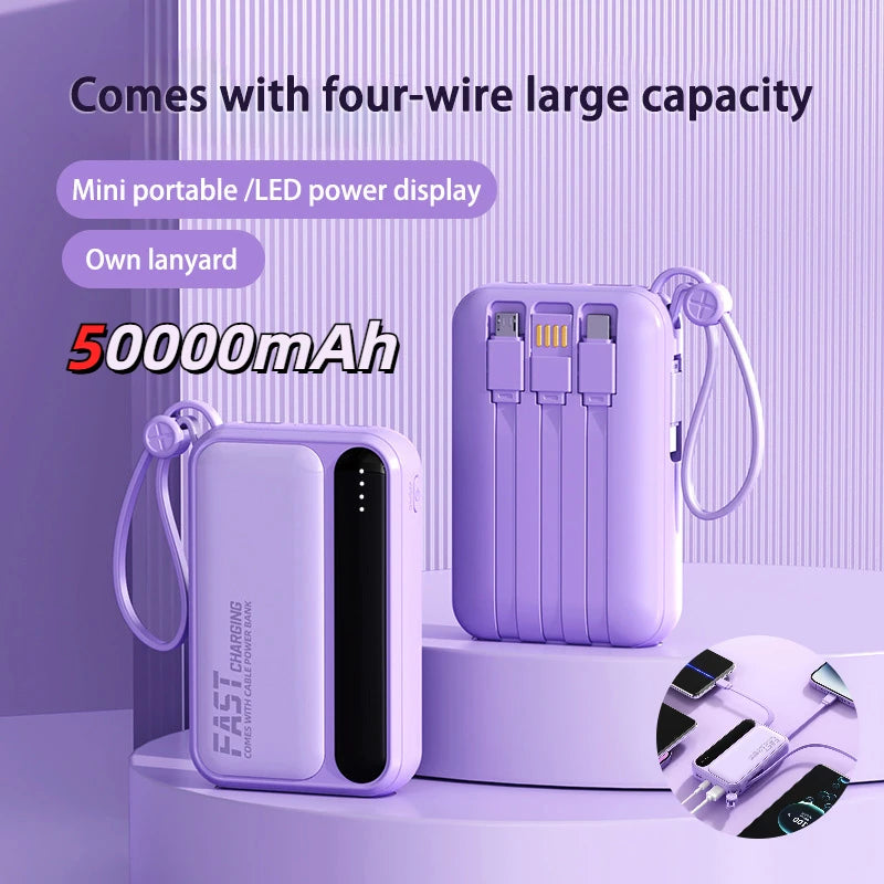 50000mAh Large Capacity Power Bank 4 In1  Built in Cable Intelligent Digital Display Laser Light Fast Charging External Battery