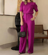 Women's Round Neck Puff Mid Sleeved Top and Straight Pant