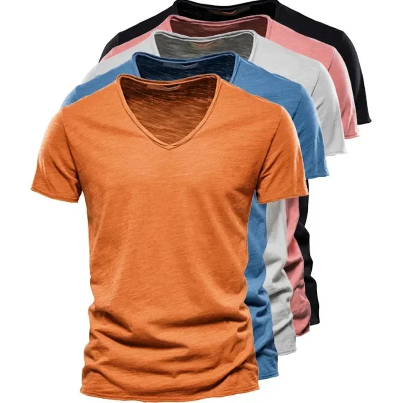 Solid Color V-Neck Pure Cotton T-Shirt